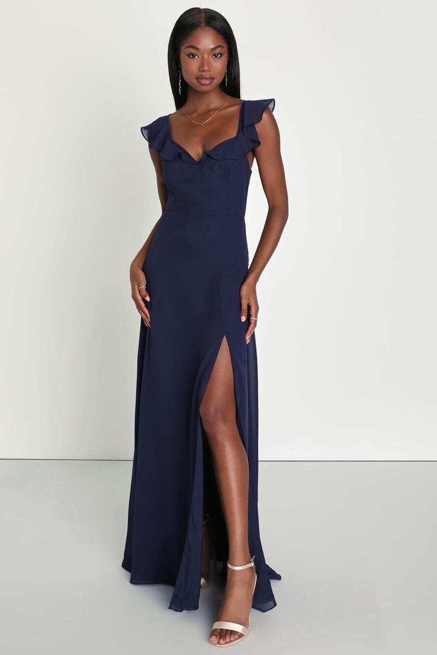 NWT Lulus Lulus Sweetest Entrance Navy Blue Ruffled Tie-Back Maxi Dress Gala M